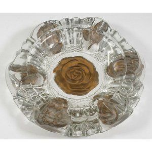 Vintage 70's Reverse Painted Clear Glass Cigar Cigarette Ashtray Gold Rose Heavy
